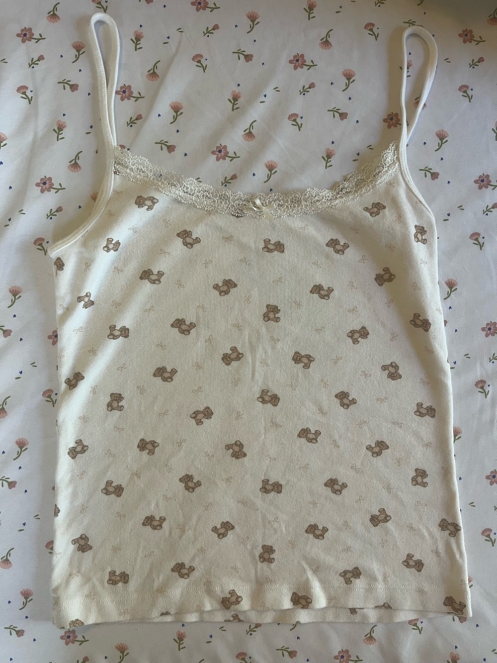 Brandy Melville cream teddy print lace-trim camisole